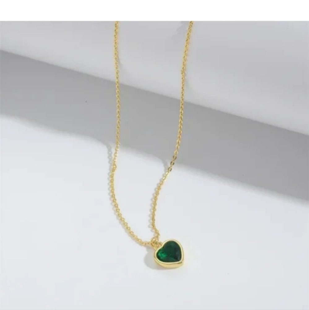 Gold Heart Pendant Necklace with Green Stone